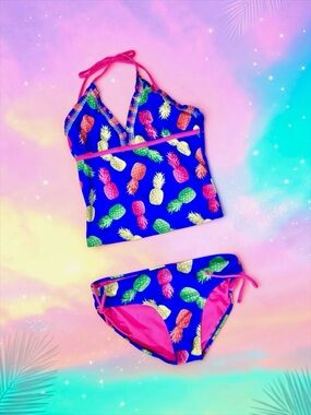 Justice Girls Swimsuit Bright Blue Pineapple Tankini Two‑Piece 16 XL